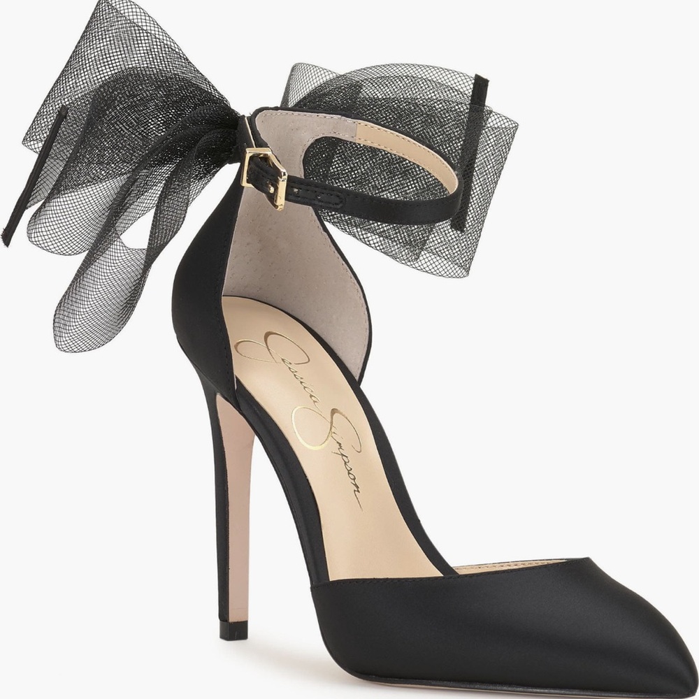 Jessica Simpson Bow Heels Black 6/36.5 Phindies Ankle Strap Heels Worn Once